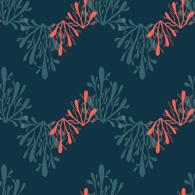 vector hand drawn colored seamless repeating simple pattern with seaweed on a dark background
