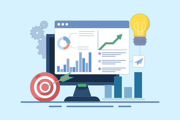vector illustration about Business Chart on Laptop and Target Arrow or Business Marketing Dashboard