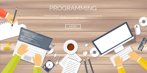 Vector illustration flat background coding programming seo search engine optimisation app