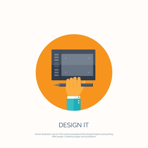 vector illustration flat background with graphic tablet web design drawing
