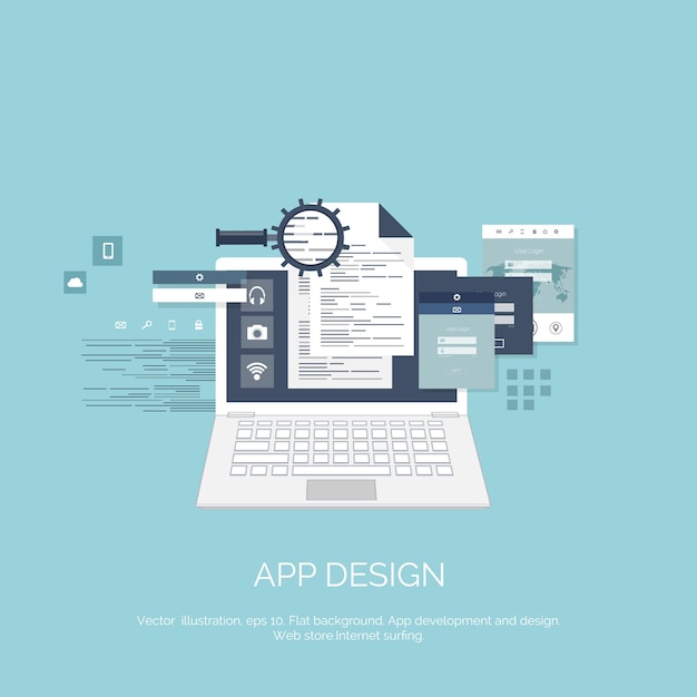Vector illustration flat computing background programming coding web development and search seo