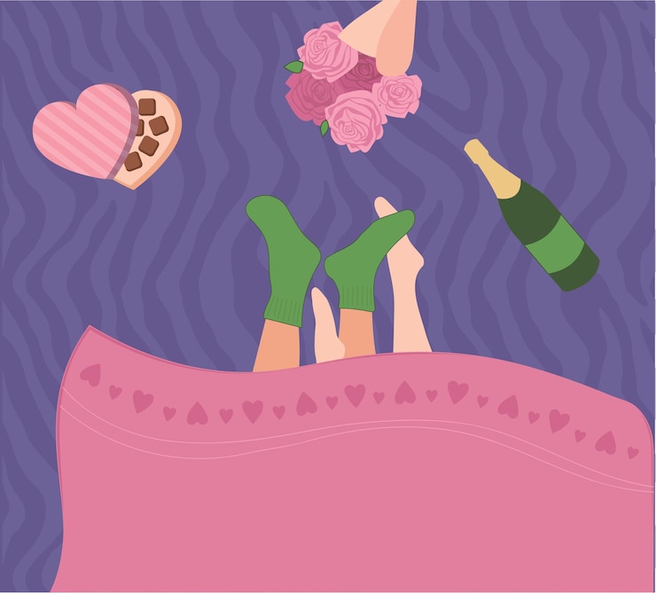 Vektor vector illustration for happy valentines day young couple notes under the cloak with sweets