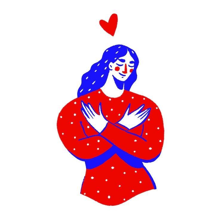 Vektor vector illustration of a calm woman hugging herself with a love heart above her head