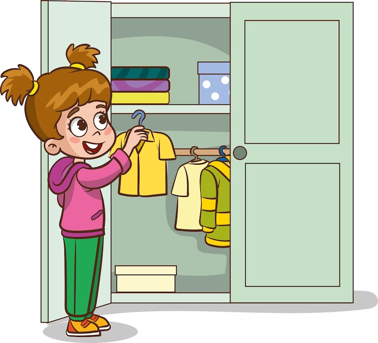 Vektor vector illustration of cute kids putting their clothes in the wardrobehappy little children