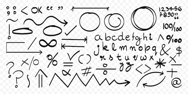 vector illustration of hand drawn arrows shapes alphabets and numbers on transparent background