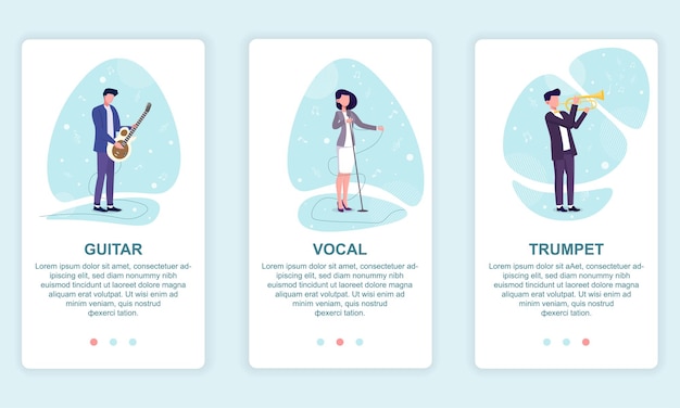 Vector illustration of music band set of musicians playing on guitar trumpet and vocalist singing