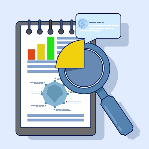 vector illustration of Tax research Audit Concept or list of paper pages through a magnifying glass