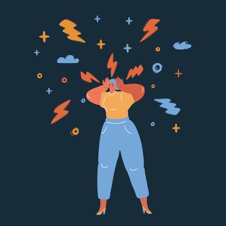 Vektor vector illustration of woman with headache over dark backround