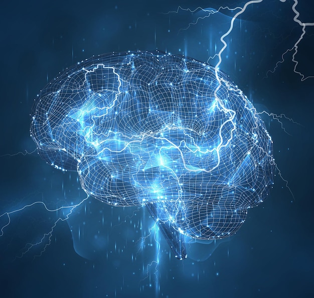 Vector illustration threedimensional brain on a dark backgroundpower element force of nature