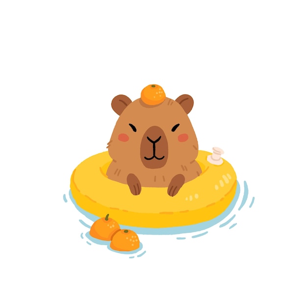 Vector illustration with Capybara in inflatable ring and oranges Amusing capibara character swimming in water Funny greeting card