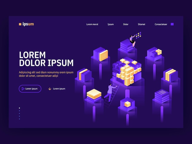 vector landing page of isometric tech concept teamwork on server abstract blockchain technology huge cube connection consists blocks people working with data character illustration of banner