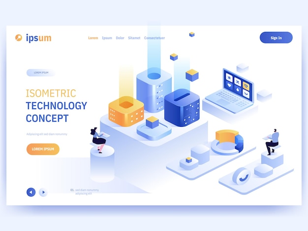Vector landing page of Isometric Technology concept Programmer team works in abstract office development and optimization analytics and statistics Character illustration of advertising banner