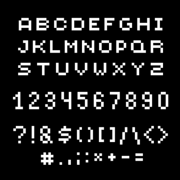 Vector modern numbers, letters and punctuation marks created in technology style. Geometric pixilated digits and font, 3d dotted 8 bit numeration from 0 to 9.