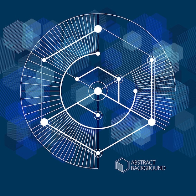 Vector of abstract geometric 3D cube pattern and dark blue background. Layout of cubes, hexagons, squares, rectangles and different abstract elements.