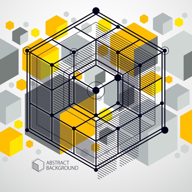 Vector of abstract geometric 3D cube pattern and yellow background. Layout of cubes, hexagons, squares, rectangles and different abstract elements.