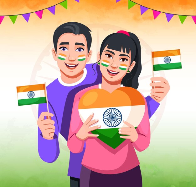 vector of indian couple holding the flag celebrating indian patriot day concept