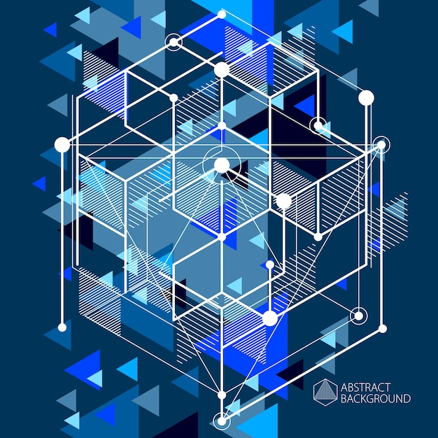 Vector of modern abstract cubic lattice lines blue black background. Layout of cubes, hexagons, squares, rectangles and different abstract elements. Abstract technical 3D background.