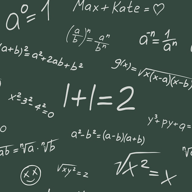 Vector seamless math formula pattern. School blackboard with smiles and elements written by chalk
