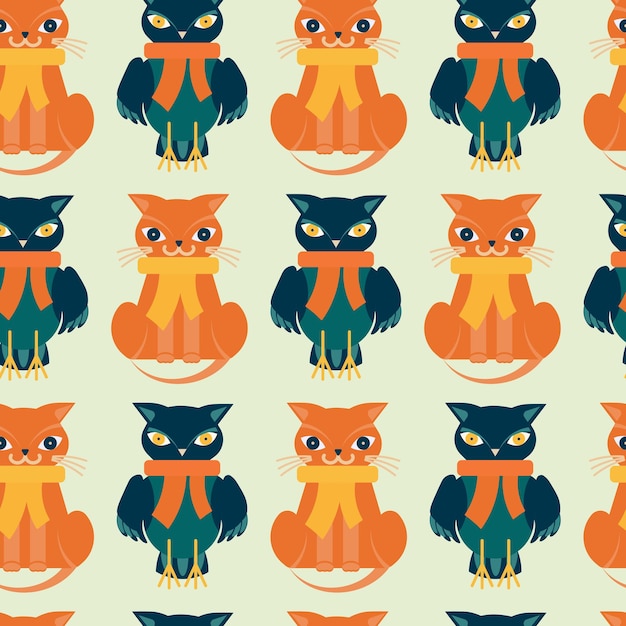 Vector seamless pattern with owl and cat with colorful scarves.
