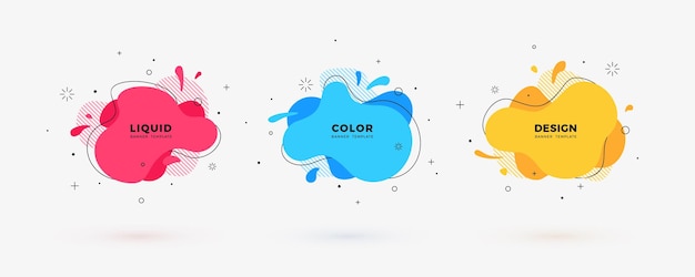 Vector set of abstract liquid shapes. Modern geometric fluid color banners with graphic memphis style elements. Design templates for badge, logo, sale flyer, poster.