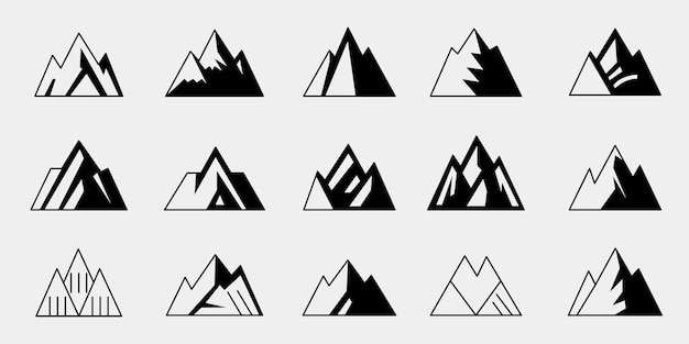 Vector set of black and white mountain silhouettes background border of rocky mountains