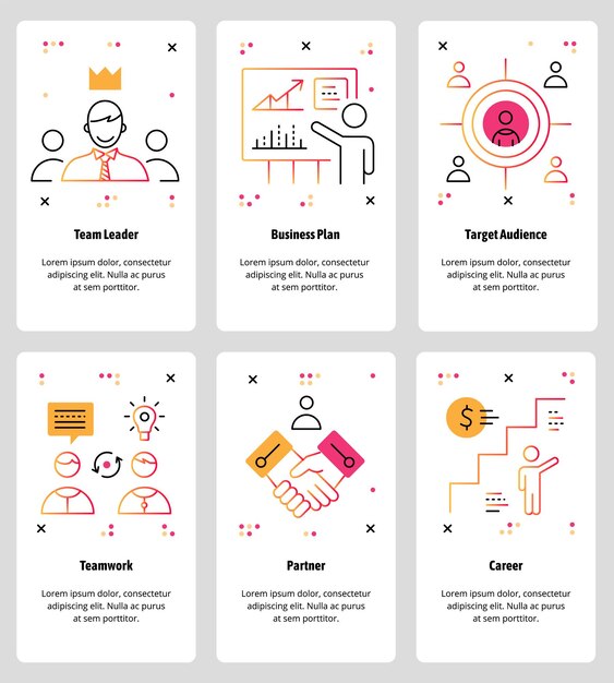 Vector set of mobile app onboarding screens Team Leader Business Plan Target Audience Teamwork Partner Career web templates and banners Thin line art style design icons for website menu