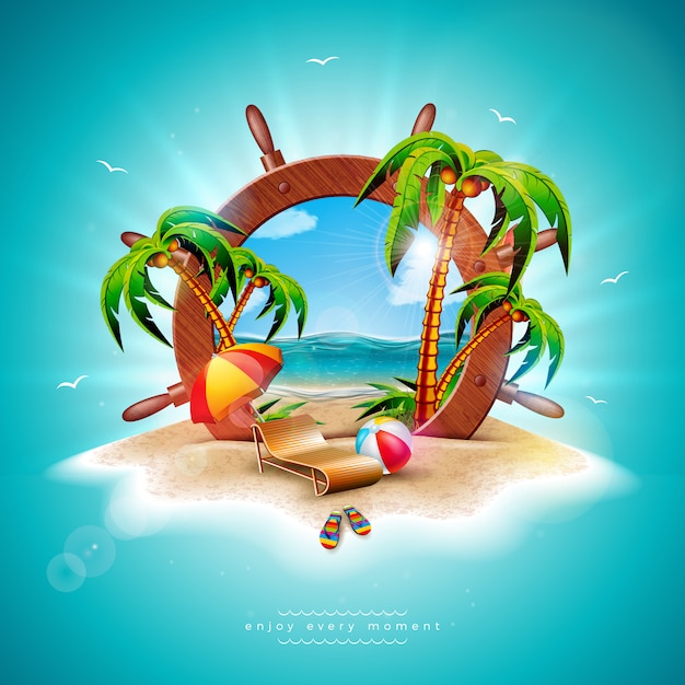 Vector Summer Holiday Illustration with Ship Steering Wheel