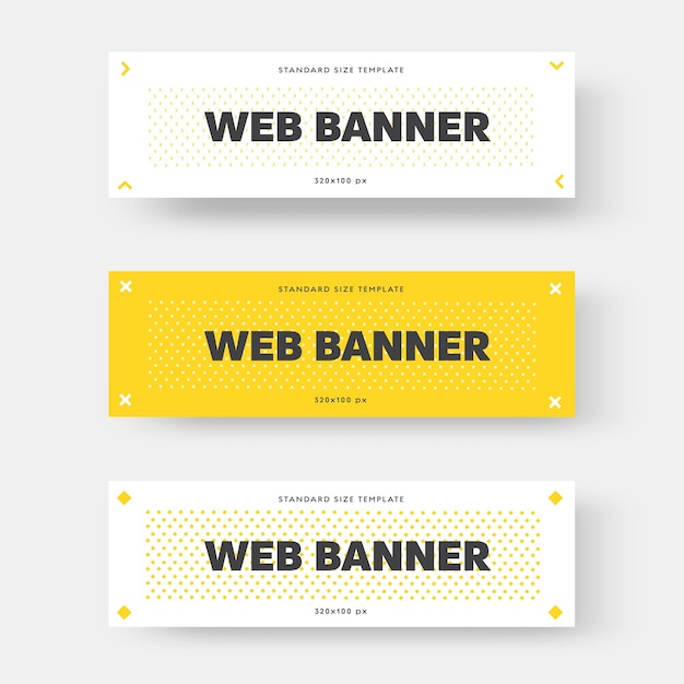 vector white and yellow horizontal web banner with black text. layout design with arrows, rhombus, and circles on the background. rectangular template for advertising