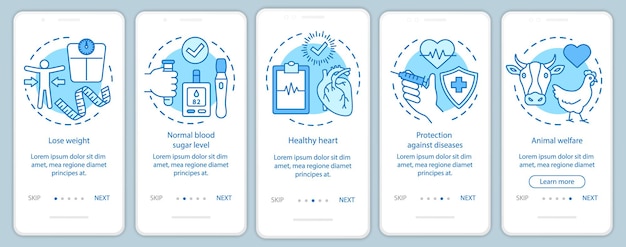 Vegan benefits onboarding mobile app page screen vector template. Vegetarian lifestyle advantages walkthrough website steps with linear illustrations. UX, UI, GUI smartphone interface concept