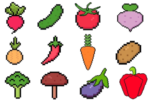Vegetables pixel art icon set for mobile apps and game design isolated retro game design