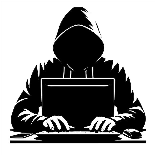 Vektor siluety hackera na bílém pozadí