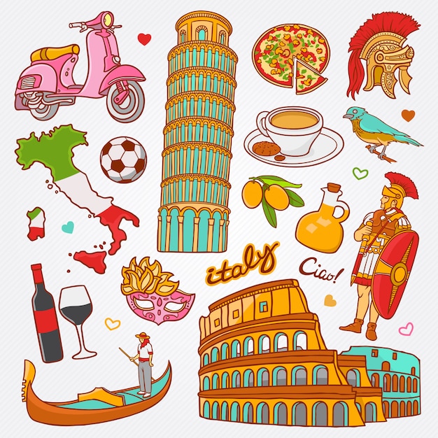 Vektorová ilustrace italských ikon přírody a kultury, sada čmáranic