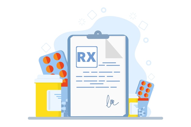 vektorová ilustrace konceptu medicíny a lékárny s lékařským předpisem Rx
