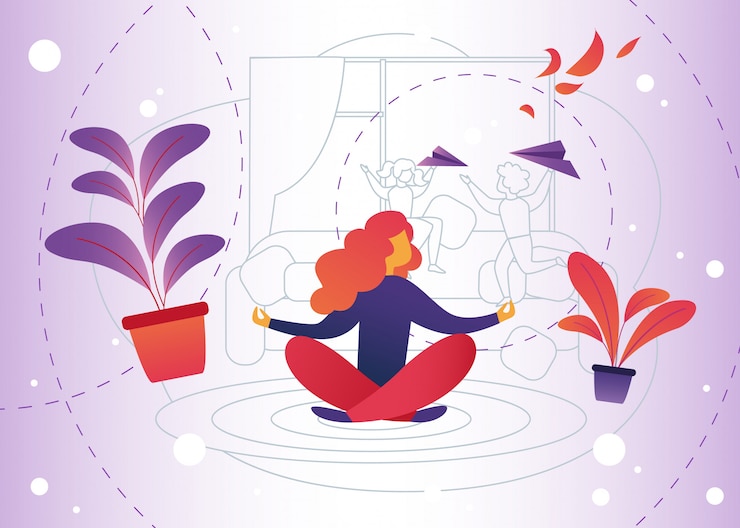 Vektor vektorová ilustrace meditace doma, kreslený film.