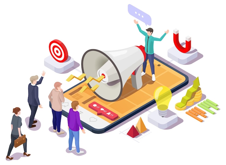 Vektor vektorová izometrická ilustrace obchodní propagační kampaně digitálního mobilního marketingu na sociálních sítích...