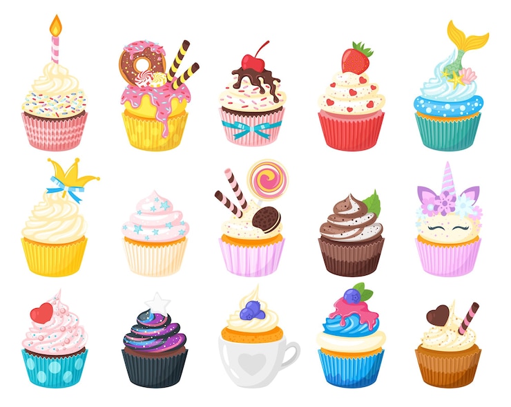 Vektor vektorová kreslená sada sladkých košíčků. muffin izolovaný na bílém pozadí. lahodný dezert zdobený třešní, ostružinou, svíčkou, bonbónem, krémem, čokoládou a mátou.