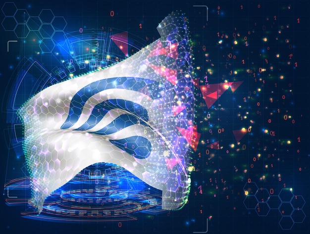 Vektorová vlajka WiFi, virtuální abstraktní 3D renderování objektu z trojúhelníkových polygonů na modrém pozadí