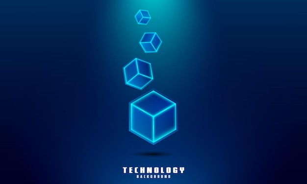 Vektorové realistické 3D renderování krychlí s modrou září na tmavě modrém pozadí