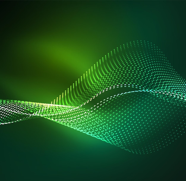 Vektorové vlnové částice, pozadí, 3D osvětlená digitální vlna zářících částic, futuristická a technologická vektorová ilustrace, moderní prvek HUD