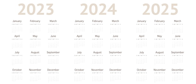 Vektorový kalendář na roky 2023–2024. Nástěnný kalendář v minimalistickém stylu na bílém pozadí. Ve světle hnědých tónech