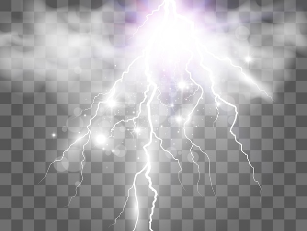 Vektorový obrázek realistického blesku. Zablesknutí hromu na průhledném pozadí.