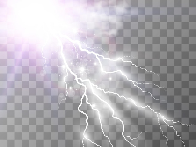 Vektorový obrázek realistického blesku. Zablesknutí hromu na průhledném pozadí.
