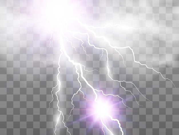 Vektorový obrázek realistického blesku. Zablesknutí hromu na průhledném pozadí.