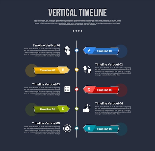 vertical timeline business report infographic with creative rectangle header opposite direction with 5 point stage with modern dark style for slide presentation