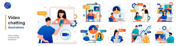 video chatting isolated set online communication using video calling app of scenes in flat design