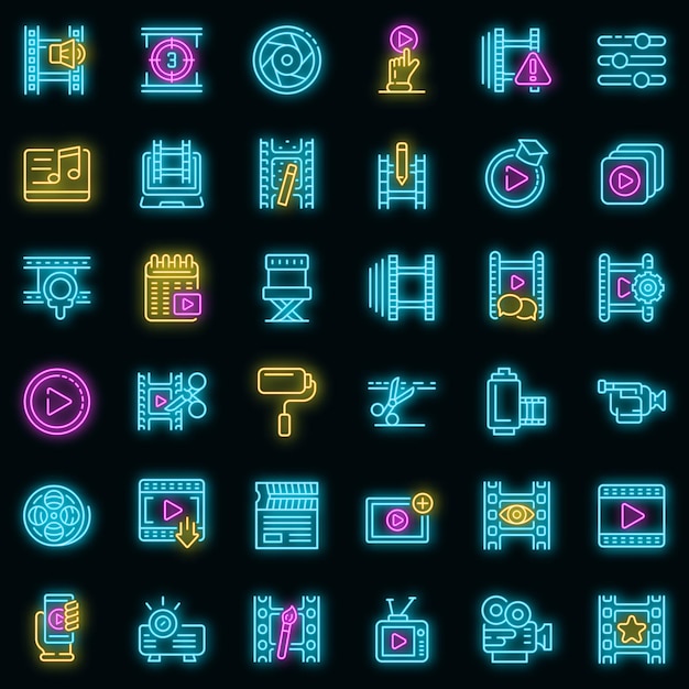 video editing icons set. outline set of video editing vector icons neon color on black