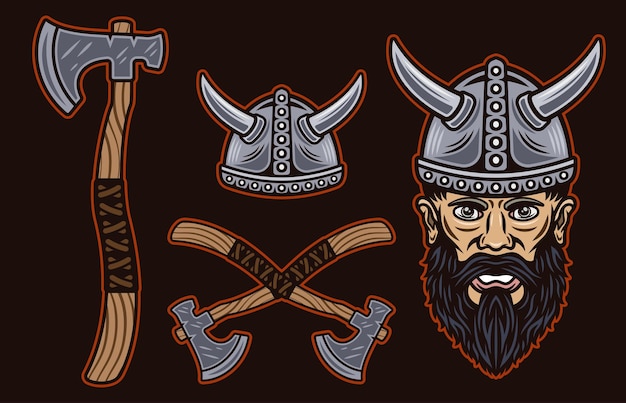 Viking set of vector objects or design elements in colored style on dark background
