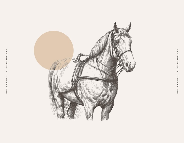 Vektor vintage horse sketch illustration with a round brown shape in the background