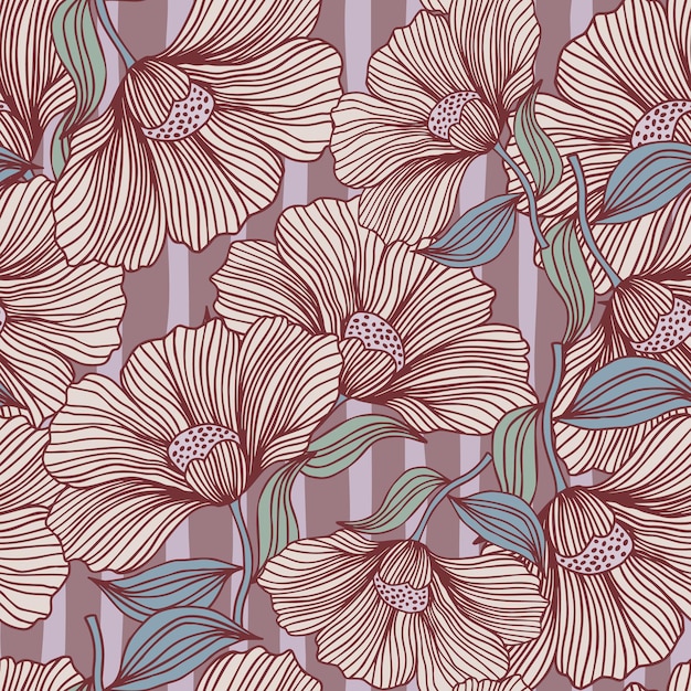 Vintage outline flower endless background Delicate floral line seamless pattern