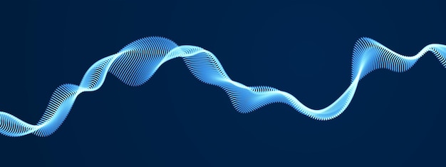 Vlna proudících částic nad tmavým pozadím, dynamické křivky zvukového pohybu. 3D vektorová ilustrace. Nádherné vlnité pole zářících smíšených bodů.